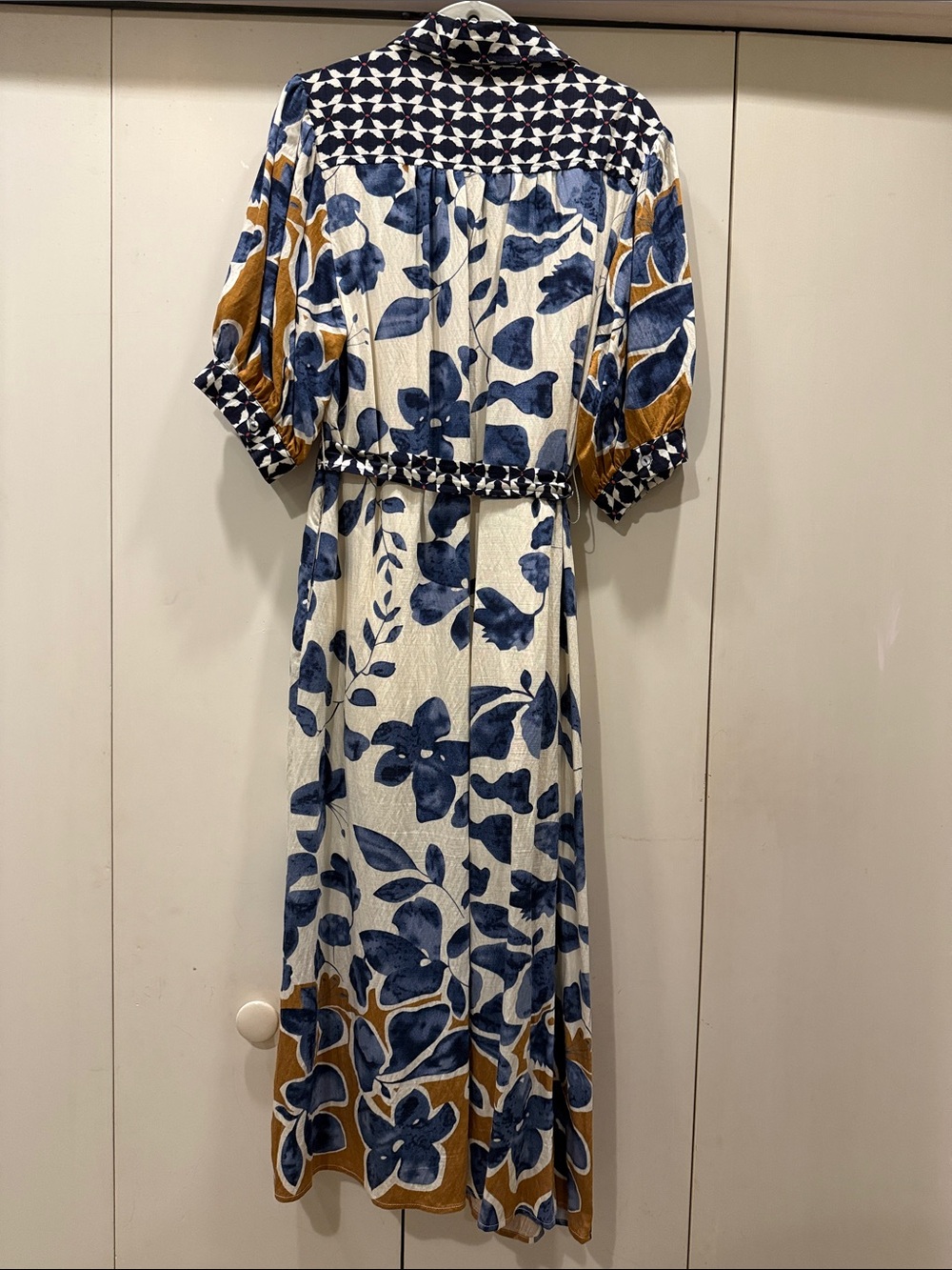 Blue Floral Midi Shirt Dress with Tie Waist - Picture 2 of 6